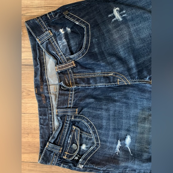 MEK Distressed Denim with Leather Back Pockets Size 36/34 - Picture 2 of 10